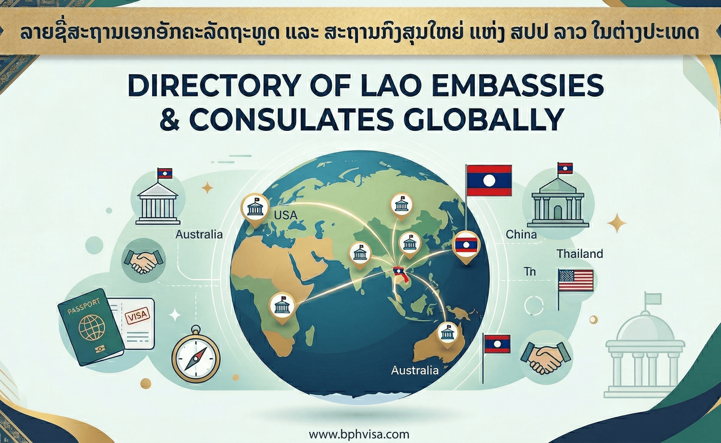 ລາຍຊື່ ແລະ ສະຖານທີ່ຕັ້ງ ສະຖານເອກອັກຄະລັດຖະທູດ ແລະ ສະຖານກົງສຸນໃຫຍ່ ແຫ່ງ ສປປ ລາວ ໃນຕ່າງປະເທດ